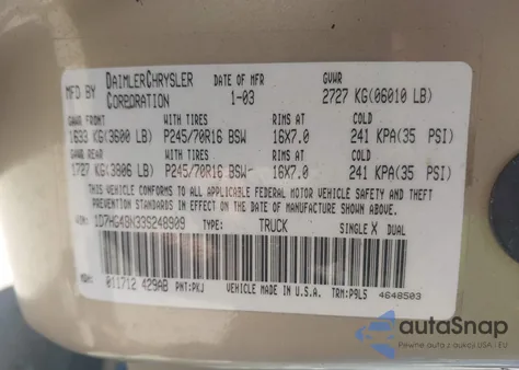 2003 Dodge Dakota Slt из США, поврежденный, VIN 1D7HG48N33S248909